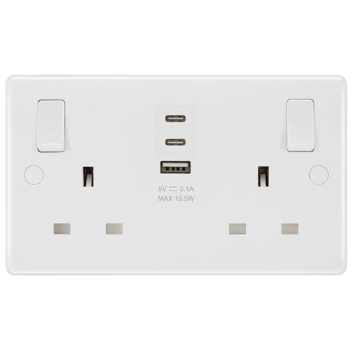 Masterplug Double 13A Switched Sockets with 15W USB a & 2X C Charger Ports, Pack of 2