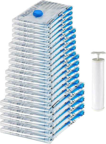 Amazon Basics Vacuum Compression Zipper Storage Bags with Airtight Valve and Hand Pump, Large, 5-Pack, Clear