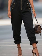 Women's Solid Color Jumpsuit - Front Zipper Closure, Non-Stretch Fabric, Suitable for Various Occasions from Formal to Casual - Loose Fit, Stylish Look, Fashionable Women