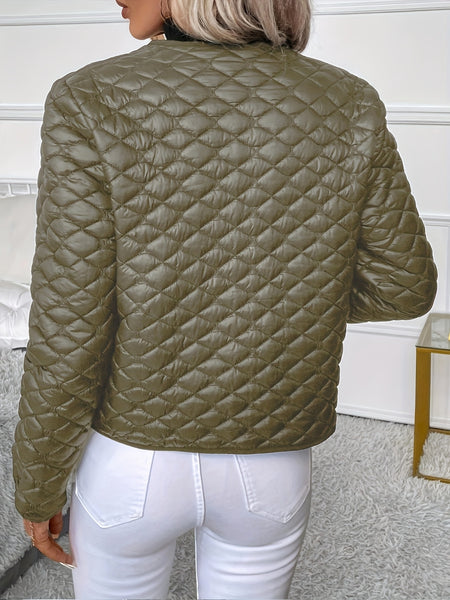 Solid Color Long Sleeve Lapel Detail Quilted Coat