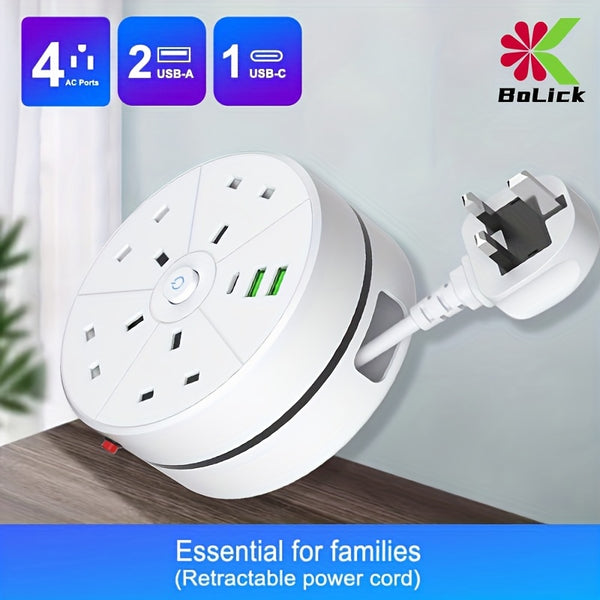 New Multifunctional Power Board/socket, Cable Retractable/cable Tidy, Equipped with 4 Power Sockets, with (2 USB-A) (1 TYPE-C), 2m/6ft Power Cord/automatic Short Circuit Protection Function/easy to Carry/suitable for Home And Office Use.