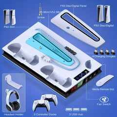 Compatible for PS5/PS5 Slim/PS5 Pro Cooling Stand with Charging Station, 3-Speed Quiet Cooling Fan, 4-Port USB-C Charger & Headphone Hook - for PS5 Console (Disc & Digital)
