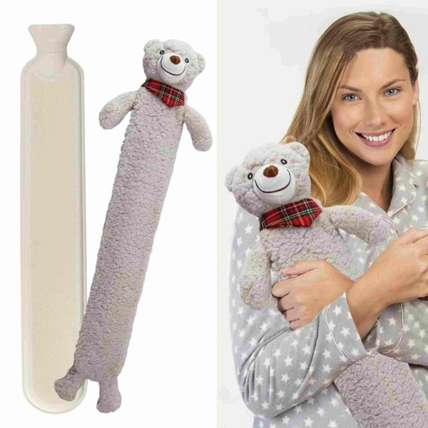 ADEPTNA Extra Long Hot Water Bottle with Sherpa Animal Character - Soft Plush Faux Fur Cover - Comfortable, Safe, Anti-Leak - Body Hot Water Bottle for Neck and Shoulder, Back, Legs, Waist