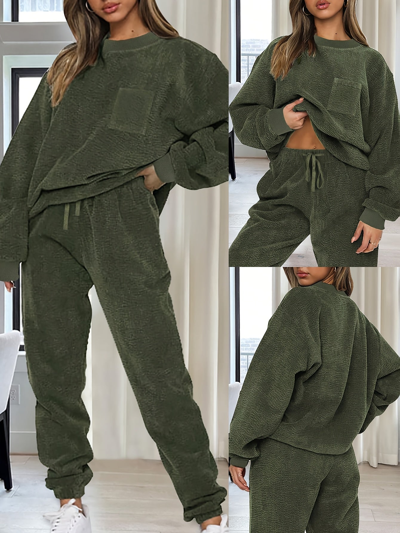 Women's Fashion Solid Color Round Neck Long Sleeve Top and Drawstring Pants Casual Two-Piece Set
