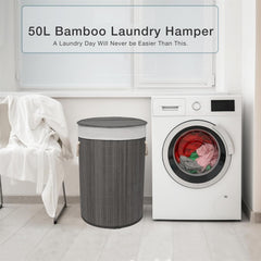 50L Folding Bamboo Laundry Basket Bin Hamper Basket Clothes Storage Organizer With Lid & Removable Washable Bag Carry On Handles