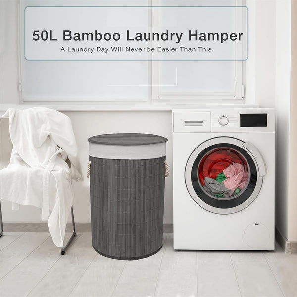 50L Folding Bamboo Laundry Basket Bin Hamper Basket Clothes Storage Organizer With Lid & Removable Washable Bag Carry On Handles