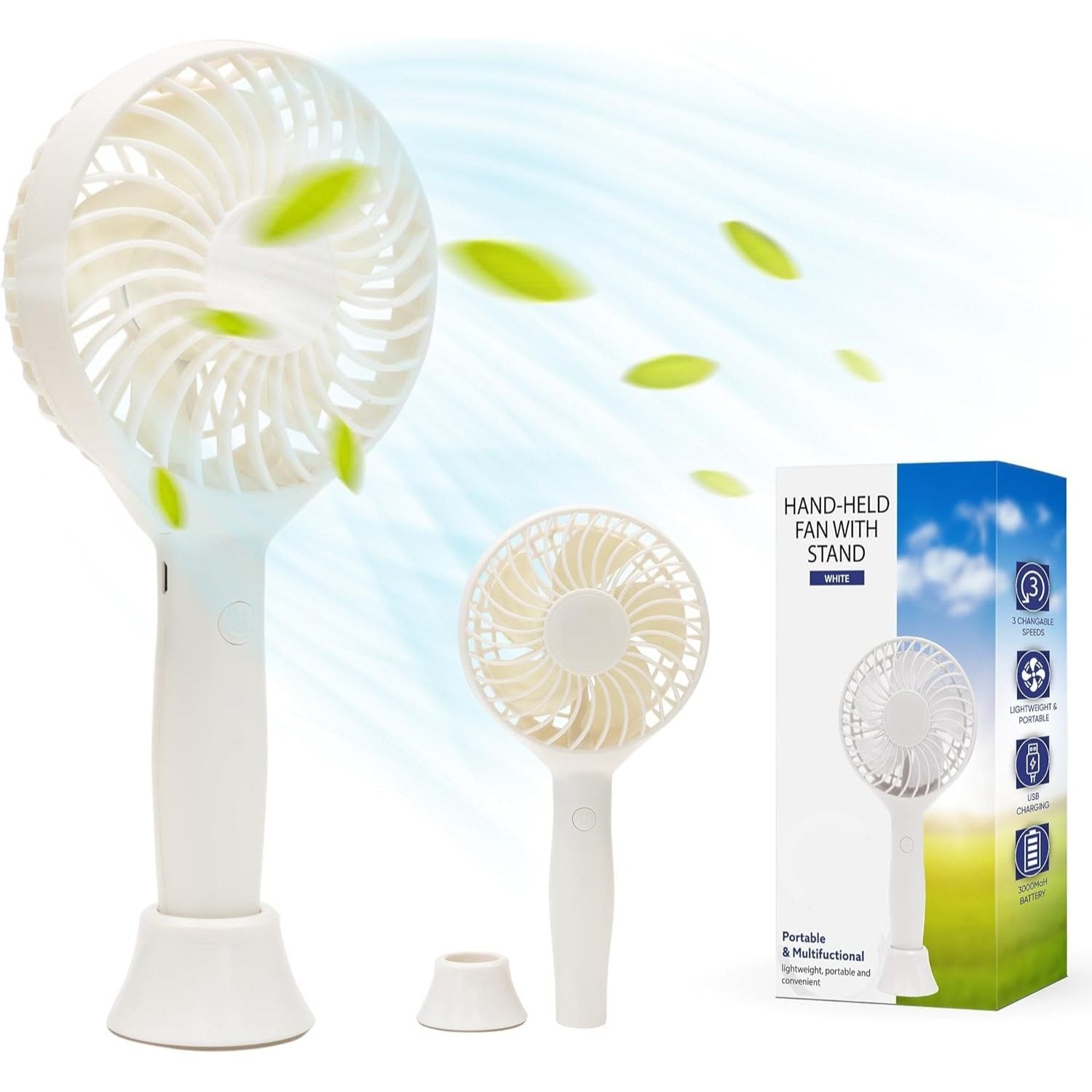 Tanness White/Black Handheld Fan with 3 Speeds - 3000 mAh USB Rechargeable Portable Mini Fan with Stand - Desk & Handheld Use