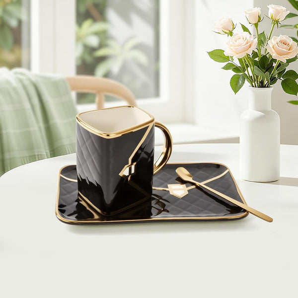 Porcelain Tea Cup and Saucer Set with Spoon, 310ml Handbag Style Ceramic Coffee Cup, High-Temperature Fired, Hand-Glazed with Gold Detailing
