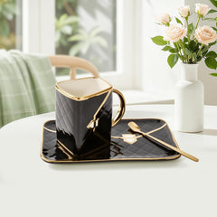 Porcelain Tea Cup and Saucer Set with Spoon, 310ml Handbag Style Ceramic Coffee Cup, High-Temperature Fired, Hand-Glazed with Gold Detailing