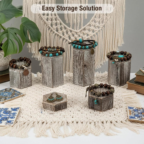6-Pack Hexagon Display Risers in Vintage Brown – Tiered Display Stands for Shelves and Countertops – Display Plinths for Jewelry, Retail Crafts, Cupcakes, and Desserts