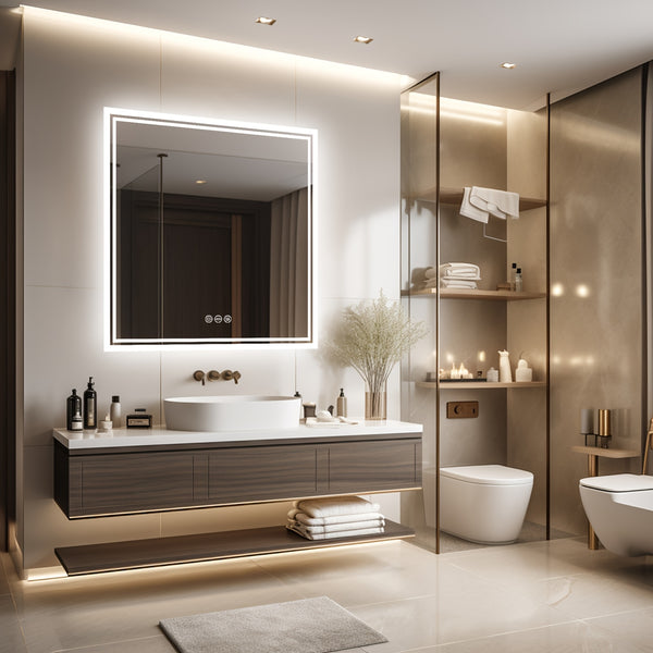Square LED Bathroom Mirror Measuring 800X800Mm, Featuring Illuminated Backlighting, Wall Mounting, an Anti-Fog Demister, a Smart Touch Button, And Dimmable Settings for Makeup Application