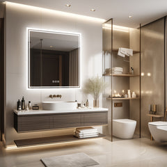 Square LED Bathroom Mirror Measuring 800X800Mm, Featuring Illuminated Backlighting, Wall Mounting, an Anti-Fog Demister, a Smart Touch Button, And Dimmable Settings for Makeup Application
