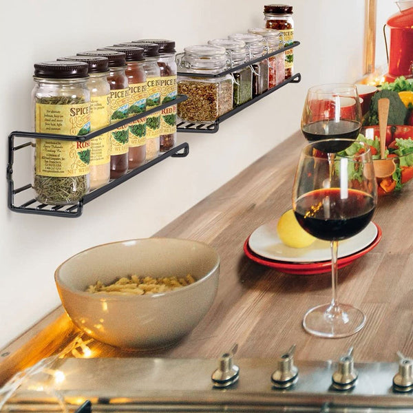 4 pieces, kitchen spice rack combination, no punching seasoning storage rack, metal wall mounted kitchen spice rack, layered storage of spices, seasonings, knives and forks, bathroom toiletries storage rack, cosmetics shelf, black