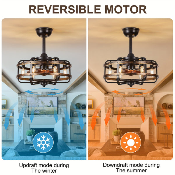 45.72cm Vintage Industrial Ceiling Fan with Light Remote Control, Reversible Black Caged Farmhouse Flush Mount Silent Motor, 3 Speeds Timer Ceiling Fan Light, for Dining Room Bedroom Farmhouse Kitchen
