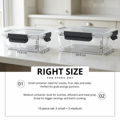 10-Pack Glass Meal Prep Containers with Airtight Lids – Leakproof Food Storage Set (5×1050ml + 5×370ml) – Oven, Microwave, Freezer & Dishwasher Safe