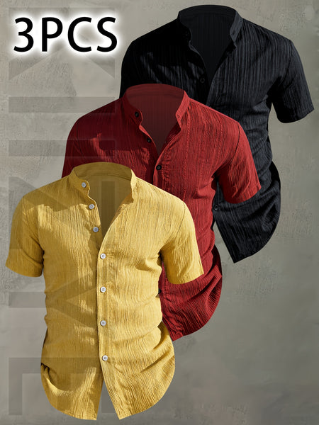 [Pearson OBM] 3pcs Men'S Summer Short Sleeve Shirt - Lightweight Breathable Solid Color Button-Up Casual Shirt with Stand Collar, Machine Washable for Beach Vacation, Pool Party And Casual Attire, Beach Shirt, Perfect for Gifting