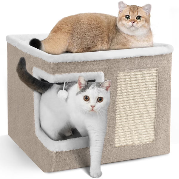 1pc Large Cat Cube House Cosy Foldable Bed Pet Cave Furry Soft Cushions Scratch Pads 42X42X36CM