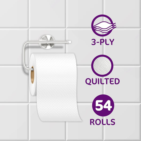 54 Rolls of 3-Ply Premium Quilted Toilet Paper | Generous Length per Roll | Luxuriously Soft, Strong & Highly Absorbent Toilet Tissue