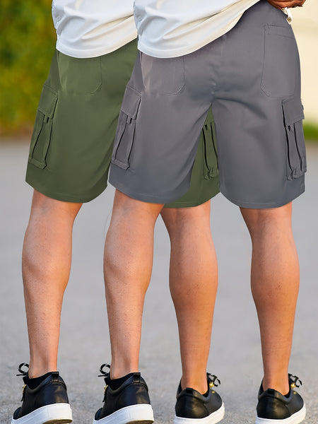 2pcs Men'S Cargo Shorts, Drawstring Waist Multi-Pocket Men'S Shorts