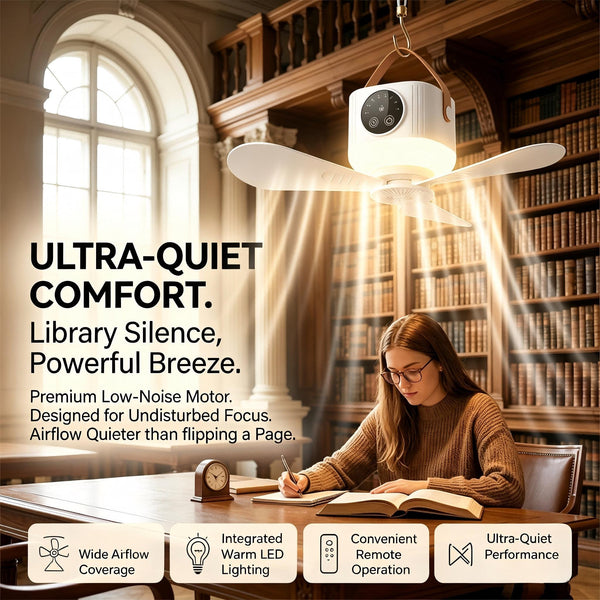 Hanging Camping Fan With Remote And Led Lamp. Rechargeable Tent Ceiling Fan. Delivers Powerful Soft Airflow With Foldable Blade Design. Supports 1‑2‑6‑8 Hour Timer Function For All‑Night Use. Adopts Type‑C Fast Charging With Long Battery Runtime. Adds Aro
