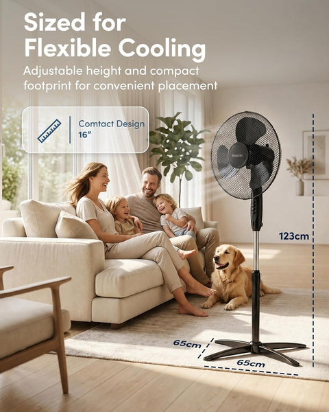 Keplin 16 Inch Stand Fan Adjustable Pedestal Cooling Fan with 3 Speed Settings Tilt Head Quiet AC Motor Energy Efficient 45W Stable Base for Home Bedroom Office Air Circulation Cooling Solution, Black