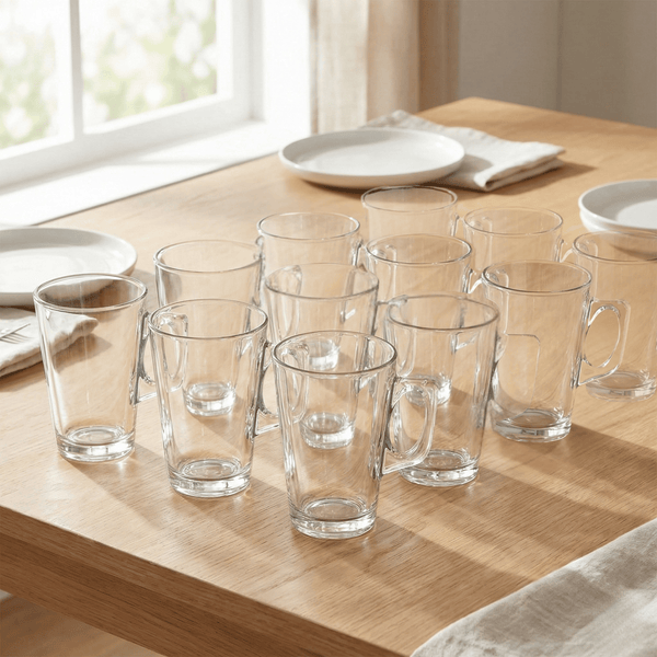 Set of 6, 12-Piece Clear Latte Glass Set 240ml – Temperature-Resistant Coffee, Tea & Dessert Mugs with Handle