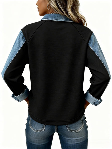 Women'S Colour-Block Denim Collar Top | Loose-fit Long-sleeved Half-buttoned Drop-shoulder Top with Retro-style Label Embellished, Ideal for Everyday Outings, Light Commuting, Relaxed Dates, and Vintage-inspired Leisure Looks | Slight Stretch Fabric