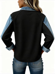 Women'S Colour-Block Denim Collar Top | Loose-fit Long-sleeved Half-buttoned Drop-shoulder Top with Retro-style Label Embellished, Ideal for Everyday Outings, Light Commuting, Relaxed Dates, and Vintage-inspired Leisure Looks | Slight Stretch Fabric