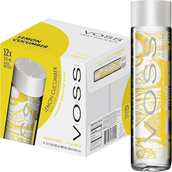 VOSS Lemon Cucumber Flavoured Sparkling Water, Pack of 12 x 375ml VOSS Original Glass Bottles, Zero Calories, No Sugar, Naturally Sourced