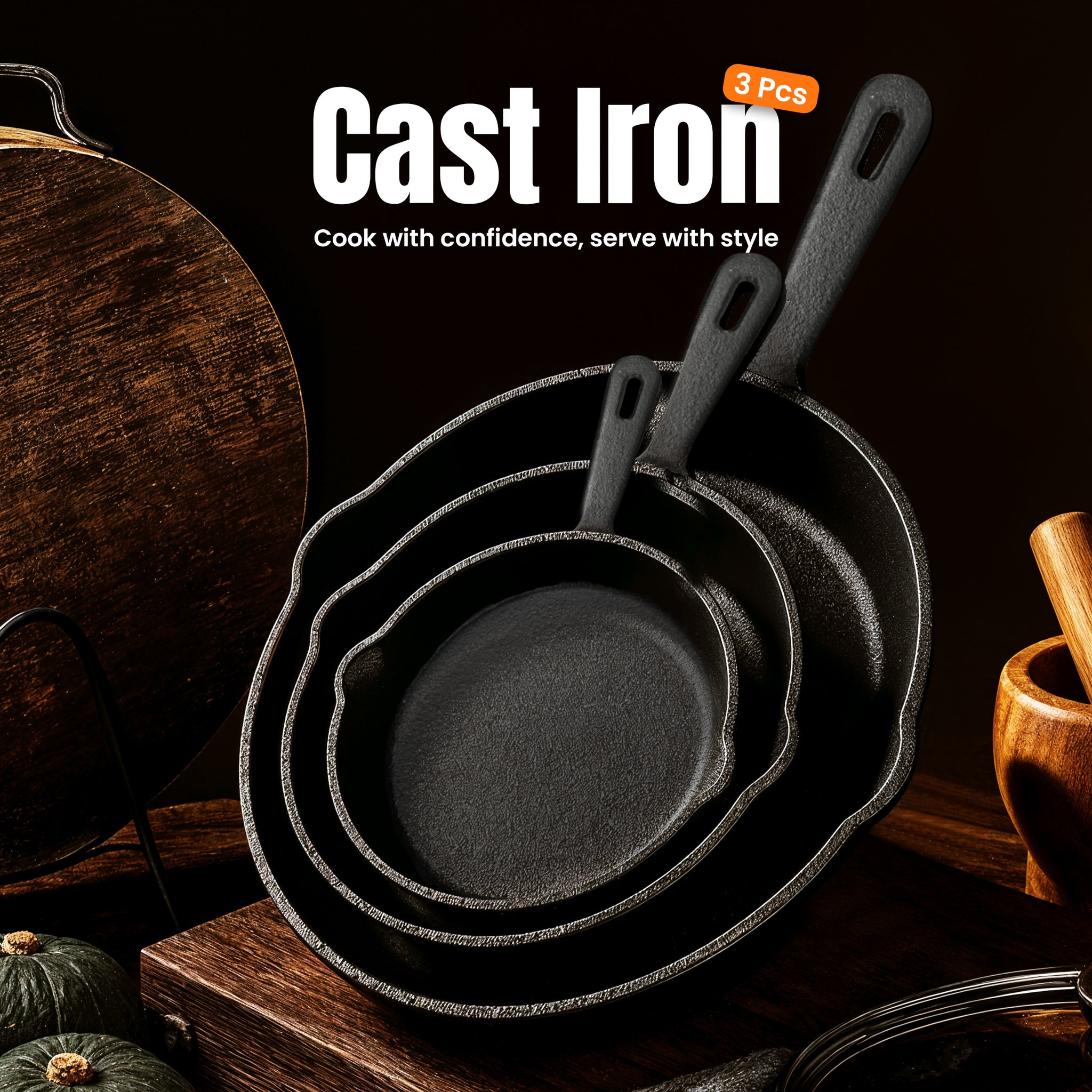 KICHLY Pre-Seasoned Cast Iron Skillet 3pcs Set - 6 Inch 8 Inch 10 Inch Cast Iron Pan