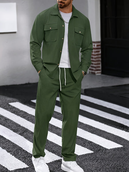 Men's 2pcs Casual Suit, 2-Pocket Shirt and Pants Set for Spring/Autumn, Suitable for Work and Leisure Sports