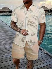3pcs Men'S Tropical Hibiscus & Palm Leaf Print Short Sleeve Summer Shirts - Breathable Non-Stretch Fabric, Button-Up Collar Casual Button-Up Shirt with Tropical, Hibiscus & Palm Leaf Design, Machine Washable, Perfect For Beach, Vacation