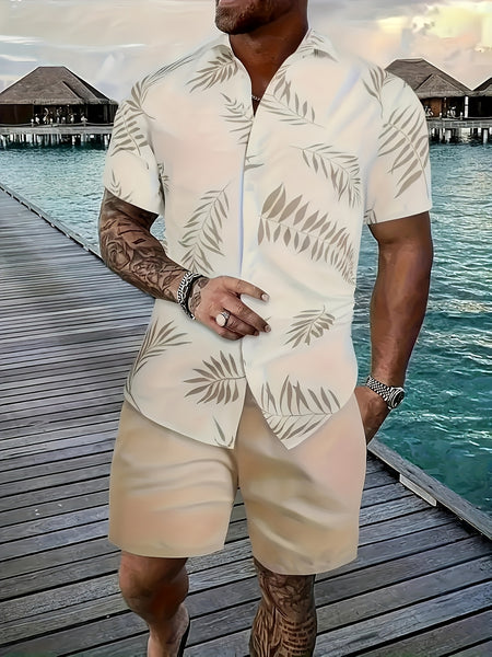 3pcs Men'S Tropical Hibiscus & Palm Leaf Print Short Sleeve Summer Shirts - Breathable Non-Stretch Fabric, Button-Up Collar Casual Button-Up Shirt with Tropical, Hibiscus & Palm Leaf Design, Machine Washable, Perfect For Beach, Vacation