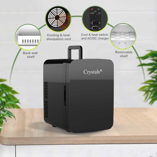 Crystals 4/10/15L Litre Mini Fridge, Table Top Small Fridge Cooler & Warmer for Car Bedrooms Desk Office, 12V DC - 220 AC, Mini Fridge for Bedrooms – Energy Efficient (Black, 10L Litre)