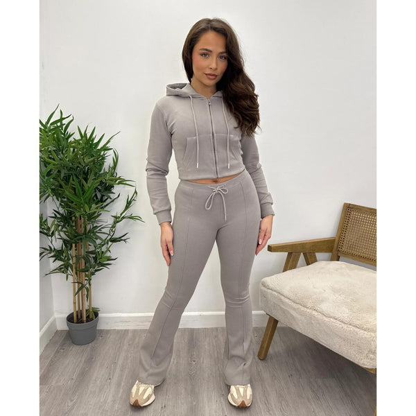 ZIPLORE Women'S Cropped Zip Hoodie and High-Waisted Bell Bottom Trousers Lounge Set for Casual, Athleisure & Streetwear - Suits, Womenswear Long Sleeve Minimalist Suits Womenswear Comfort Adjustable Clothing Drawstring Elegant Everyday Chic Loungewear Mat