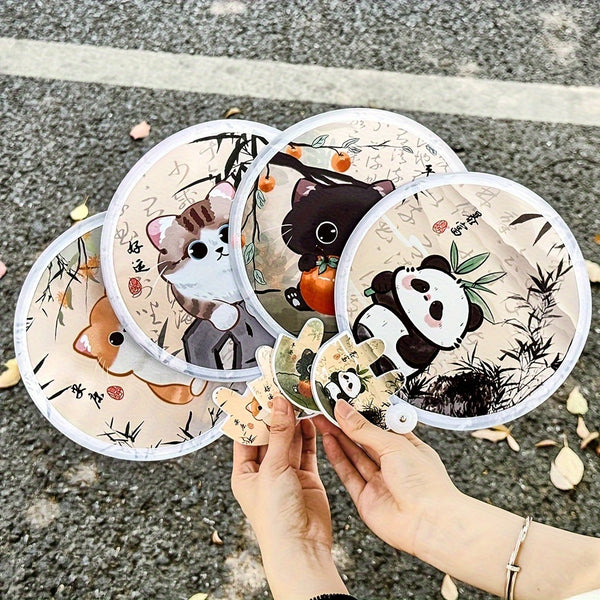 4pcs Cute Cat Folding Fan Lucky Cat Design, 2-In-1 Cooling And Sunscreen, Portable Handheld Storage Bag, Summer Additions