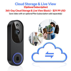 1080P Video Doorbell Camera, Intelligent Human Detection, Cloud Storage, Real-time Viewing, Two-way Audio, Infrared Night Vision, Battery Powered, Indoor Monitoring, USB Interface, 5200mAh Battery.