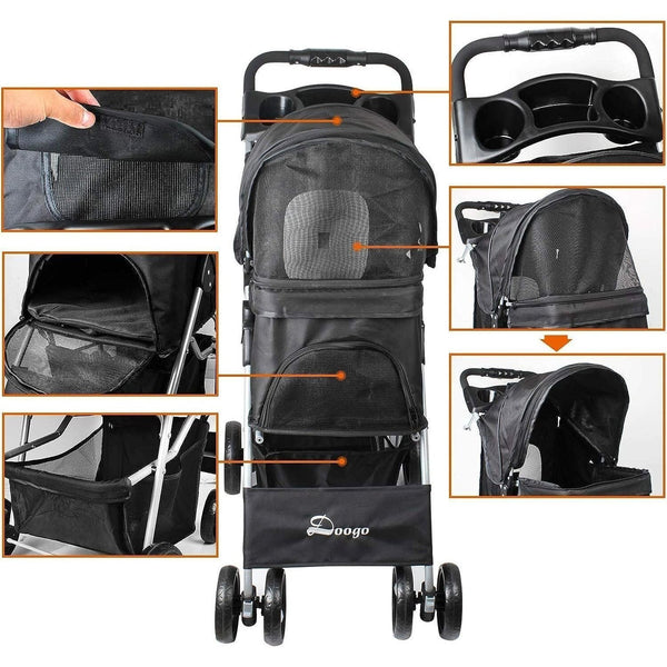 Foldable Pet Stroller With Rain Cover, Portable Foldable Outdoor Walking Cart with Large Space, Hand-Pull Design, Durable Oxford Fabric, Ergonomic Handle & Ventilation Mesh, Lightweight & Sturdy Frame For Small To Medium Dogs - Outdoor Pet Carrier, Modern