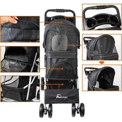 Foldable Pet Stroller With Rain Cover, Portable Foldable Outdoor Walking Cart with Large Space, Hand-Pull Design, Durable Oxford Fabric, Ergonomic Handle & Ventilation Mesh, Lightweight & Sturdy Frame For Small To Medium Dogs - Outdoor Pet Carrier, Modern