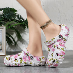 Women'S Floral Print Thick Sole Clogs, Dual-Use Adjustable Strap EVA Garden Shoes, Non-Slip Thick Sole, Summer Beach Wear, Women Shoes