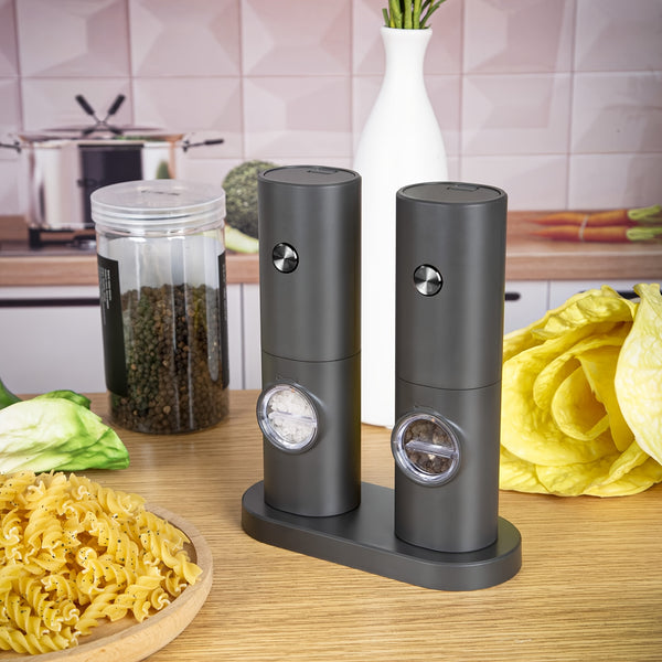 Electric Salt and Pepper Grinder Set, 2pcs with Base and Cleaning Brush, Adjustable Grind Coarseness, LED Lighting, Suitable for Kitchen/BBQ/Restaurant, Kitchen Table Seasoning Tool or Gift, Black