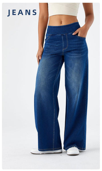 ' High Waisted Wide Jeans - Stretchy Pants with Multiple Pockets, -Washed - Casual Trousers for Jeanswear & Layering (Wide-Waisted Fit)