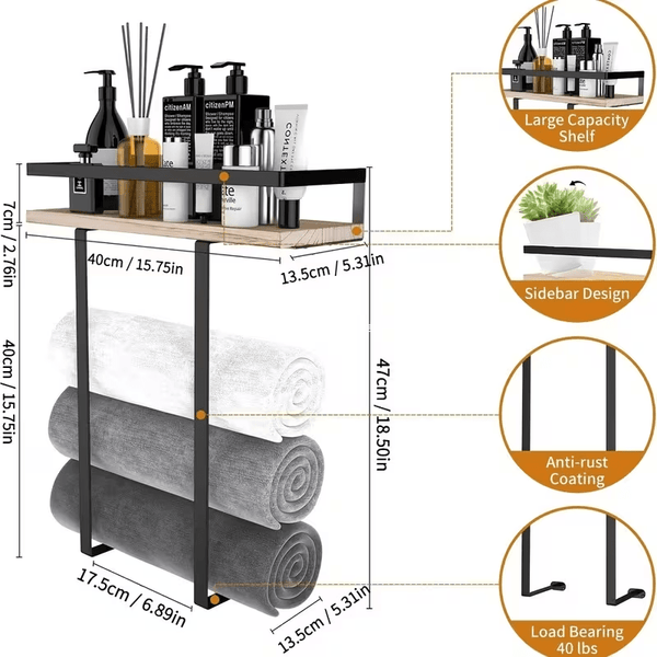 French Country Style Wall-Mounted Storage Rack | Metal Towel and Bathroom Organizer with Multiple Shelves, Ideal for Living Rooms, Bathrooms, Hotels, and Homestays, Carbon Steel, Art Deco Style, No Required