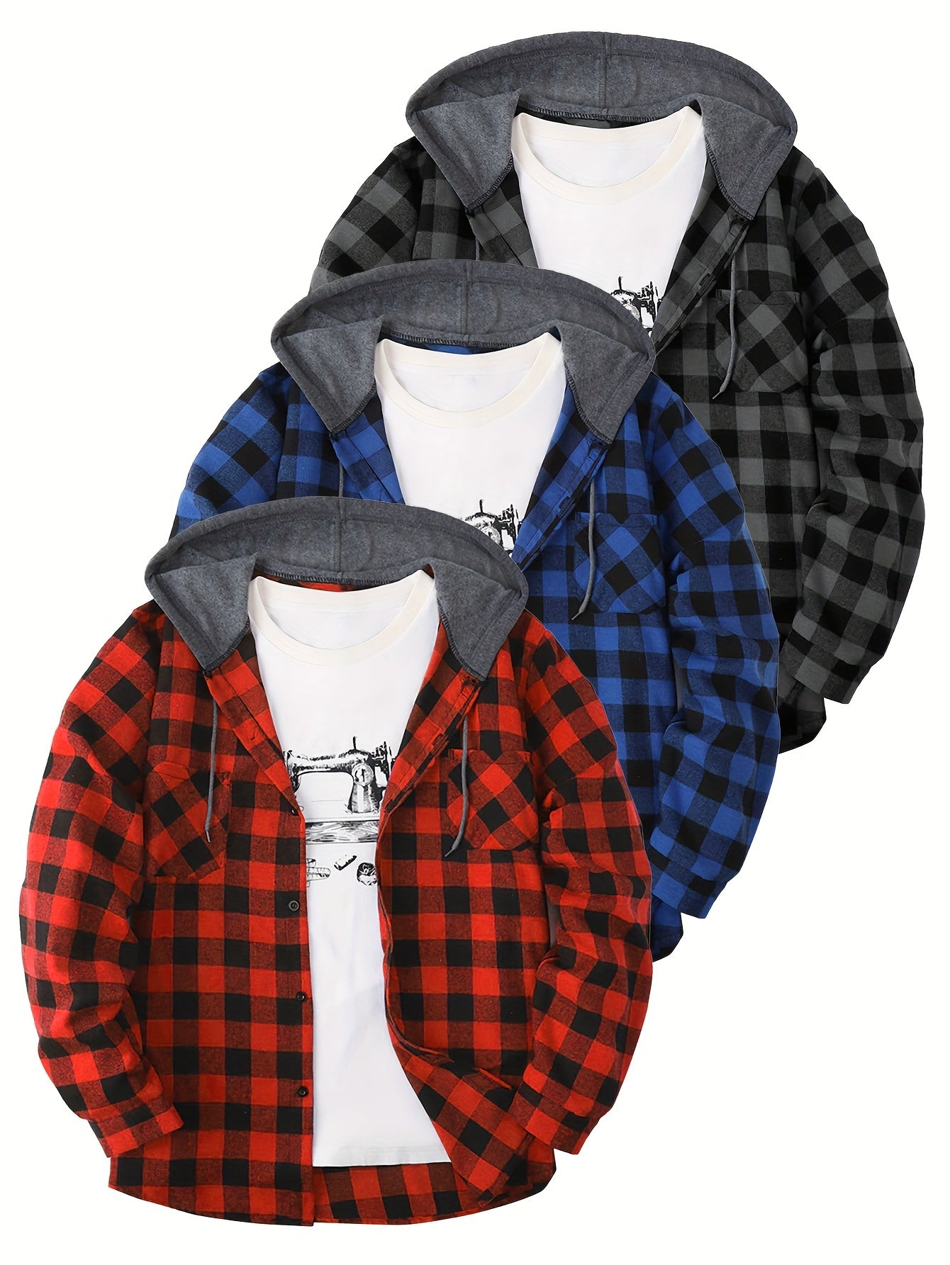 3pcs Men's New York Fashion Trendy Plaid Shirt Hooded Plaid Sweatshirt Flannel Hoodie