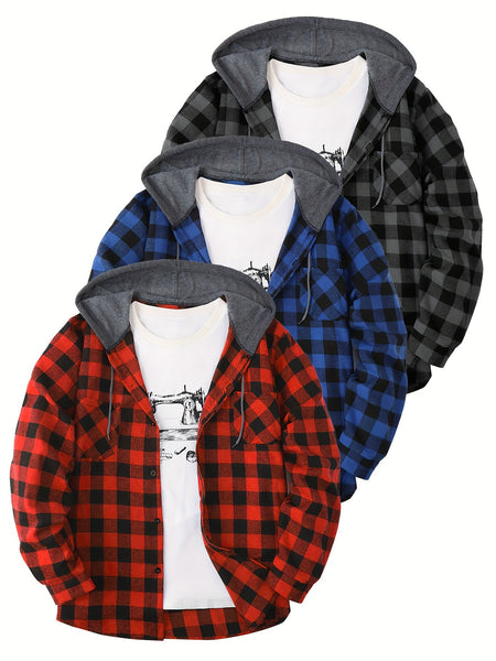 3pcs Men's New York Fashion Trendy Plaid Shirt Hooded Plaid Sweatshirt Flannel Hoodie