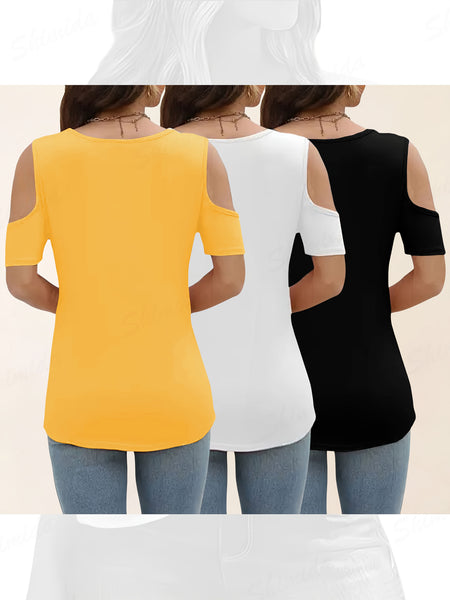 Three-Piece Summer Off-Shoulder Short-Sleeve T-Shirt, Casual Loose Eyelet V-Neck Solid Color Basic Off-Shoulder Short-Sleeve Top