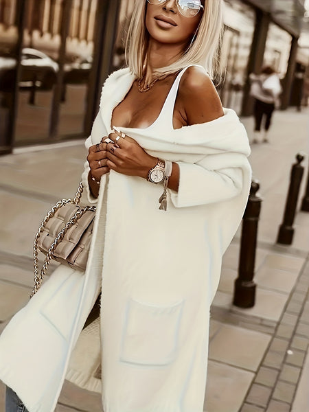 Casual Solid Color Long Sleeve Open Front Hooded Cardigan for Fall And Winter Cardigan for Women, Loose And Outerwear, Perfect for Commuting And Casual Outfits