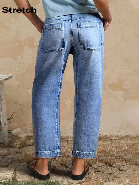 DD Women's 2026 New Stretchy Loose Cropped Jeans, Washed Blue Barrel Denim Trousers, Street Style Ladies' Outfit, Mid-waisted Pantalones with Pockets, 4 Seasons Weared Tummy Control Mom Pants Wide Leg Boyfriend Casual Pants for Travel Work and Office