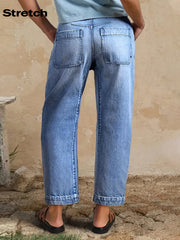 DD Women's 2026 New Stretchy Loose Cropped Jeans, Washed Blue Barrel Denim Trousers, Street Style Ladies' Outfit, Mid-waisted Pantalones with Pockets, 4 Seasons Weared Tummy Control Mom Pants Wide Leg Boyfriend Casual Pants for Travel Work and Office