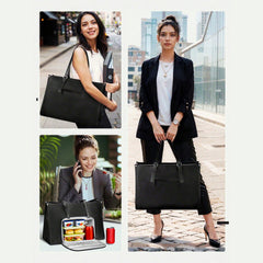 Laptop Tote Bag for Women with Insulated Compartment,Lunch Bag,, 15.6 Inch PU Leather Briefcase Tote, Leakproof Work Handbag with Adjustable Handle, Large Capacity Waterproof Briefcase for School, Multifunctional Office & School Bag, Black